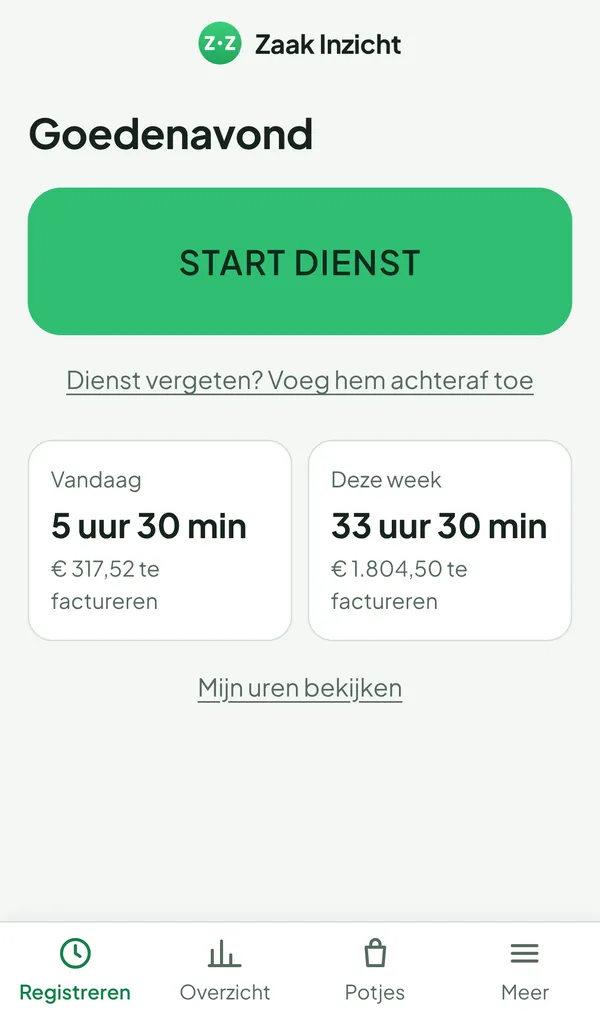 Startscherm met de knop Start dienst